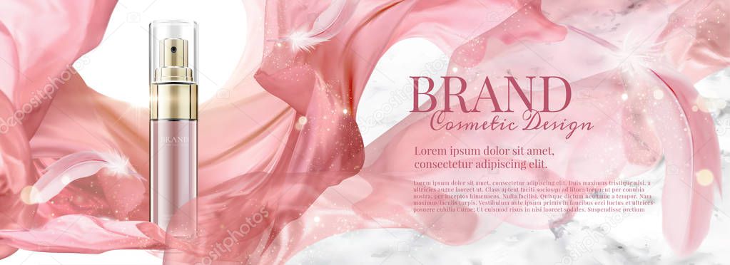 Cosmetic banner ads with spray bottle and flying chiffon, 3d illustration