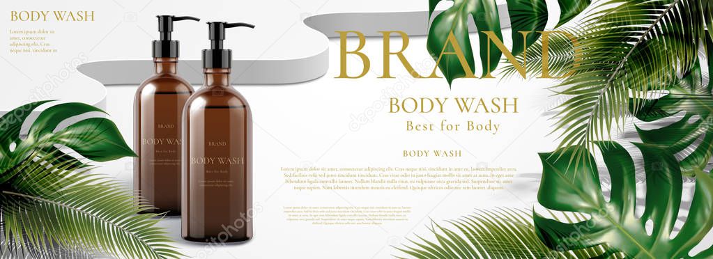 Body wash banner ads with tropical leaves decoration in 3d illustration