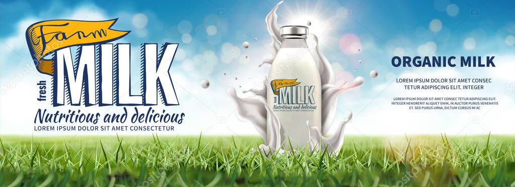 Farm milk banner ads with splashing liquid and green grassland, 3d illustration