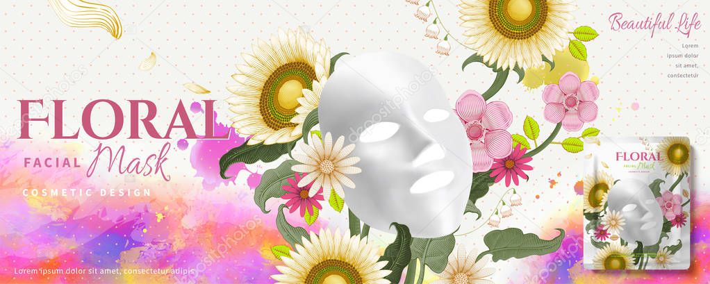 Floral facial mask on engraving garden background in 3d illustration