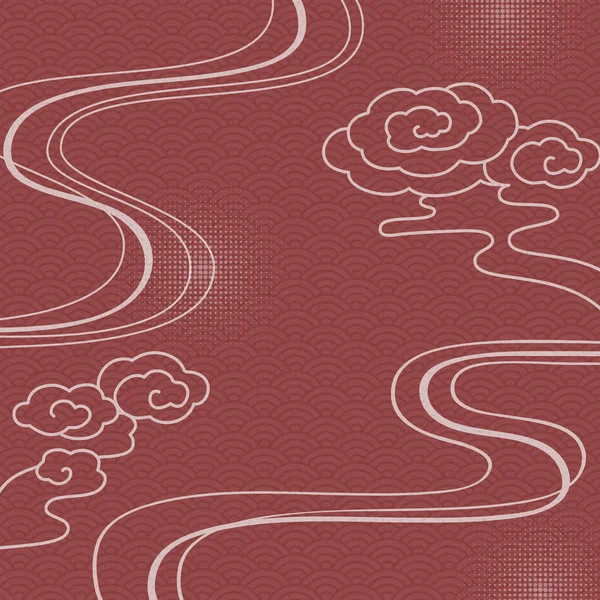波のパターンと雲と伝統的な背景が赤 — ストックベクタ