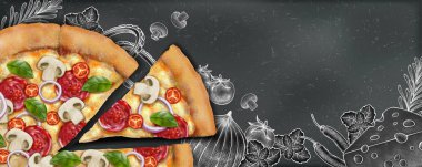 Pizza banner reklamları 3d çizim gıda ve gravür tarzı çizim ile kara tahta arka plan üzerinde