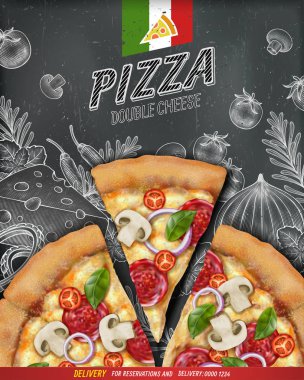 Pizza poster reklamları 3d çizim gıda ve gravür tarzı çizim ile kara tahta arka plan, üstten görünüm