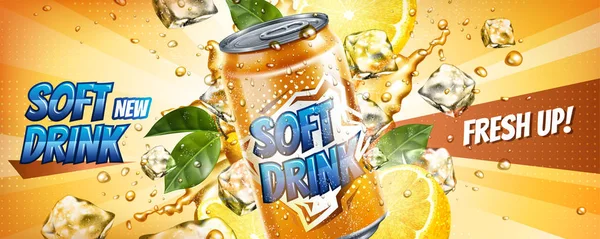 软饮料横幅广告与冰块和柑橘元素在3D — 图库矢量图片