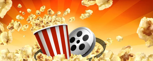 Karamell Popcorn Bannerwerbung Mit Fliegenden Hühneraugen Und Kinoartikeln Illustration — Stockvektor