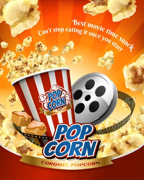 Karamell Popcorn Poster Mit Fliegenden Hühnern Und Kinoartikeln Illustration — Stockvektor