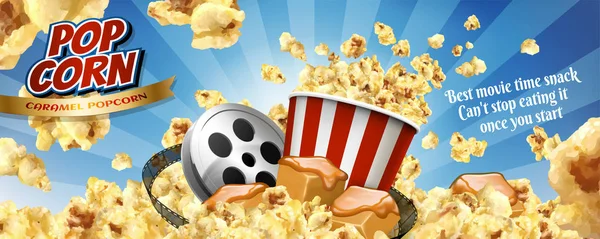 Karamell Popcorn Bannerwerbung Mit Fliegenden Hühneraugen Und Kinoartikeln Illustration — Stockvektor