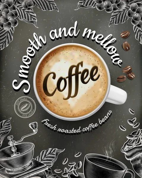 Káva Plakát Reklamy Illustratin Latte Dřevoryt Styl Dekorace Tabuli Pozadí — Stockový vektor