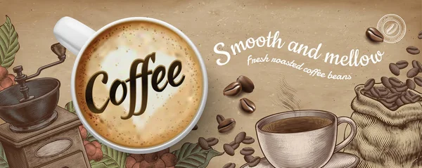 Káva Bannerové Reklamy Illustratin Latte Dřevoryt Styl Ozdoby Pozadí Papíru — Stockový vektor