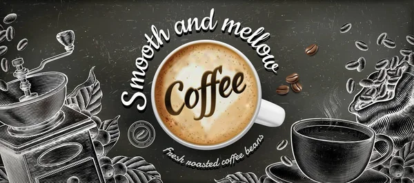 Anúncios Banner Café Com Latte Ilustratina Decorações Estilo Xilogravura Fundo — Vetor de Stock