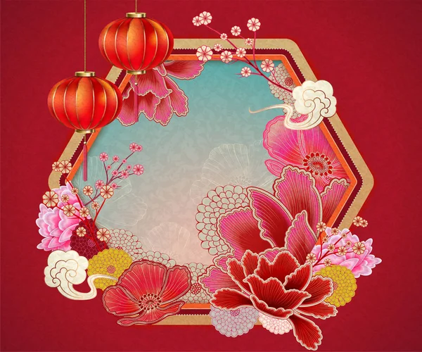 Traditioneller Chinesischer Hintergrund Mit Pfingstrosen Und Laternen Elementen Rotem Ton — Stockvektor