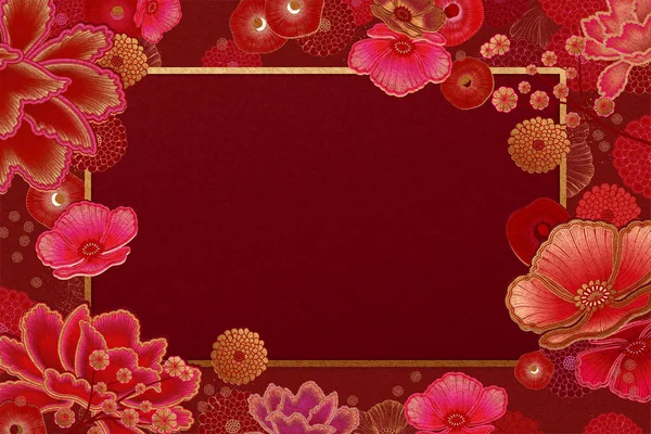 红色和紫红色色调的豪华花卉框架背景 — 图库矢量图片
