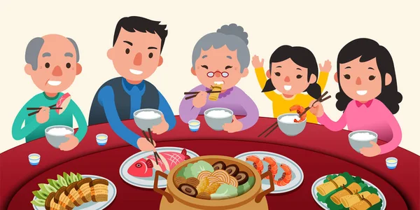传统的团圆晚餐与家人在可爱的扁平风格 美味的菜肴上懒惰的苏珊 — 图库矢量图片
