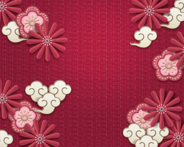 Embroidery Plum Flower Chrysanthemum Background Watermelon Red — Stock Vector