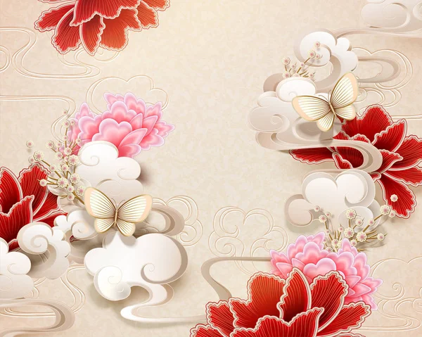 纸艺术风格中优雅的牡丹和蝴蝶背景 — 图库矢量图片