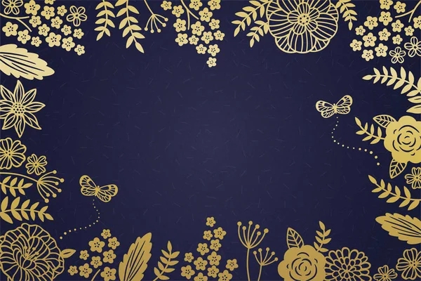 暗い青色の背景に装飾的な黄金の花のフレーム — ストックベクタ