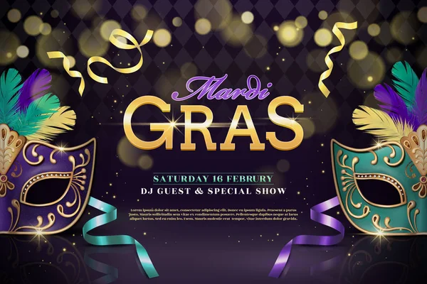 Mardi Gras Party Design Half Mask Feathers Illustration Shimmering Background — Stock Vector