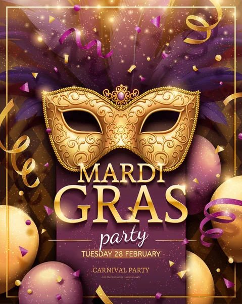 Mardi Gras Party Poster Mit Goldener Maske Und Konfetti Dekorationen — Stockvektor