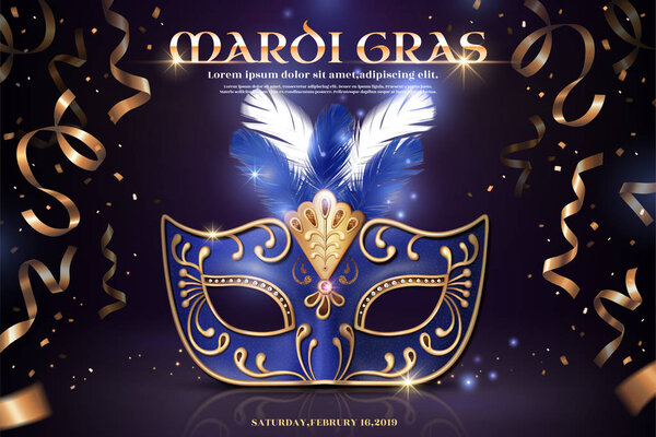 Mardi Gras Party Design Blue Half Mask Golden Confetti Illustration Vector Graphics
