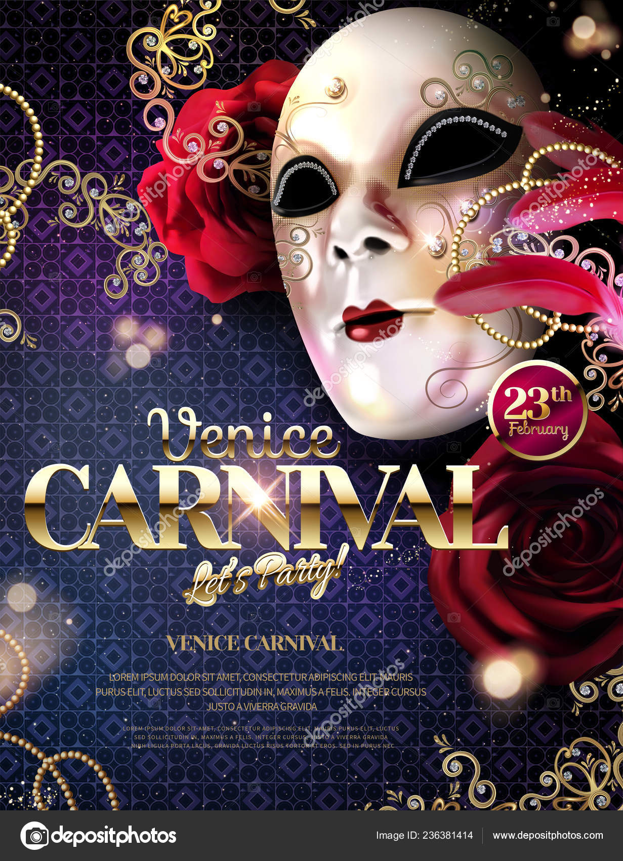 Venice Carnival Design White Decorative Mask Roses Illustration Blue  Background Stock Vector by ©kchungtw 236381414