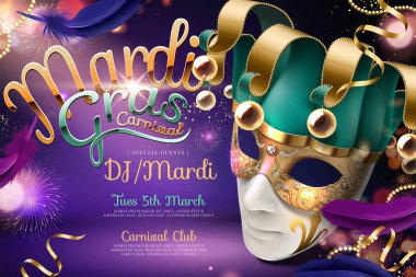 Mardi gras Karnavalı tasarım mor havai fişek arka plan üzerinde 3d resimde Palyaço maskesi