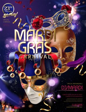 Mardi gras Karnavalı tasarım bokeh mor parlak arka plan üzerinde 3d resimde Palyaço maskesi