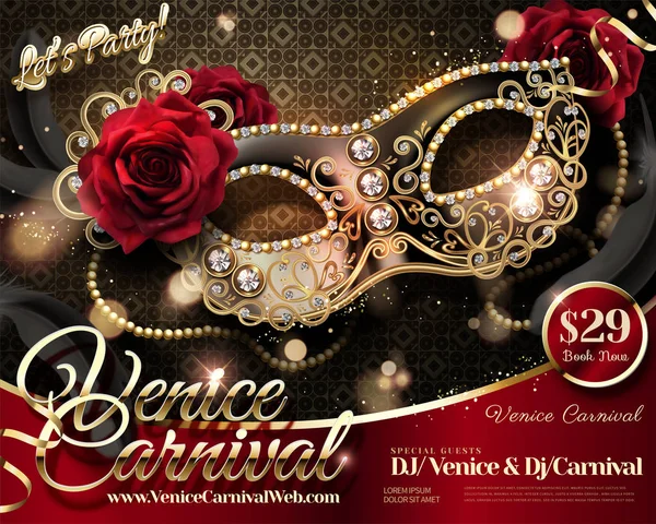 Veneza Carnaval Design Com Strass Meia Máscara Rosas Ilustração — Vetor de Stock