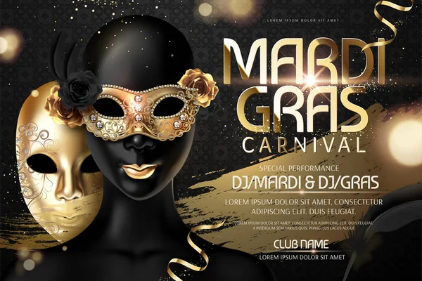 Mardi Gras Carnaval Ontwerpen Met Gouden Masker Illustratie Zwarte Achtergrond — Stockvector