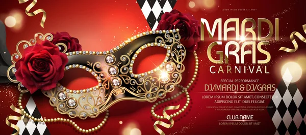 Mardi Gras Karneval Banner Design Mit Halbmaske Illustration Auf Rotem — Stockvektor