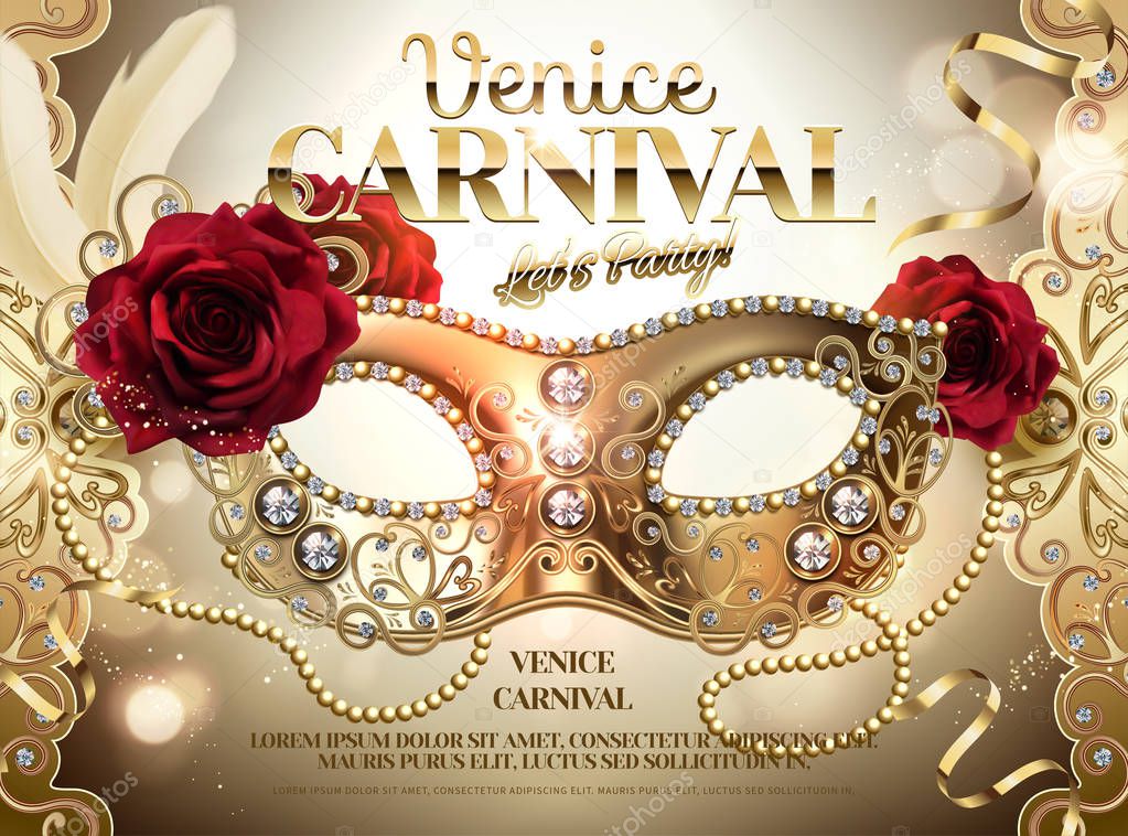 Venice Carnival design with rhinestone half mask and roses in 3d illustration, golden color background
