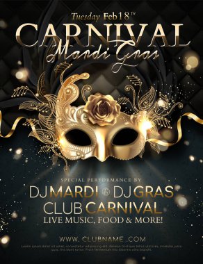 Mardi gras karnaval altın maske ve kurdeleler 3d resimde poster tasarımı