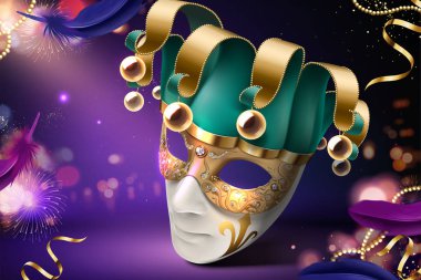 Palyaço maskesi tasarım mor bokeh arka planda 3d illüstrasyon karnaval için