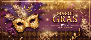 Mardi Gras partisi banner tasarımı ile altın maskesi ve 3d resimde mor tüyler