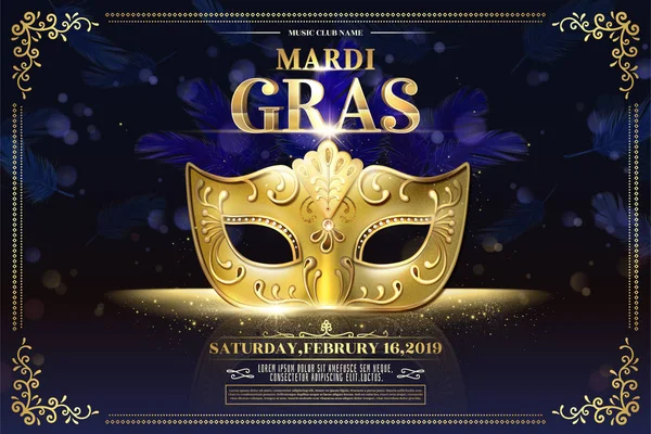 Mardi Gras Fél Tervez Val Arany Maszk Csillogó Bokeh Lila — Stock Vector