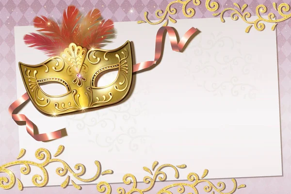 Diseño Invitación Fiesta Mardi Gras Con Máscara Oro Ilustración Fondo — Vector de stock