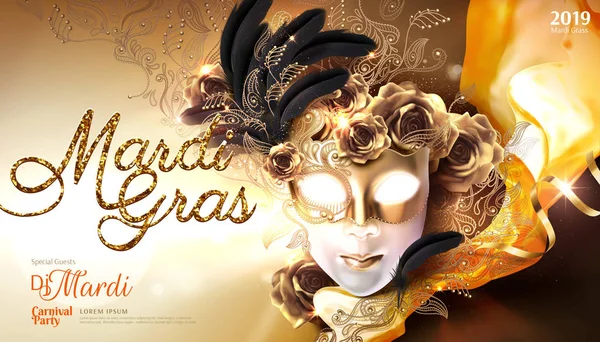 Mardi Gras Farsangi Plakát Design Arany Maszk Rózsa Illusztráció — Stock Vector