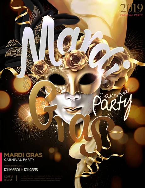 Mardi Gras Karneval Poster Design Mit Goldener Maske Und Rosen — Stockvektor