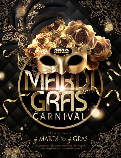 Mardi Gras Karneval Plakát Design Zlatou Masku Růží Obrázek — Stockový vektor