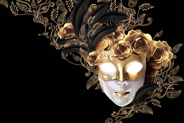 Carnaval Masker Design Met Gouden Rozen Lijn Planten Doodles Zwarte — Stockvector