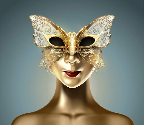 Modelo Maniquí Dorado Con Máscara Mariposa Carnaval Ilustración — Vector de stock