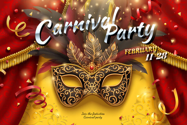 Carnival party design with masks and feathers in 3d illustration, confetti and streamers background