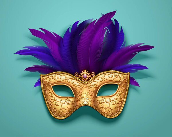 Golden carnival mask with purple feathers decorations on blue background, 3d illustration