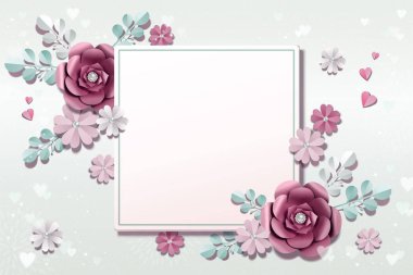 3d resimde mavi arka plan üzerinde romantik kağıt çiçekler
