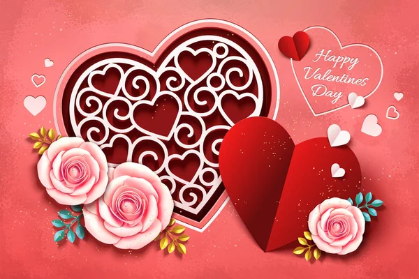 ハート形の装飾と イラストレーションで紙のバラと幸せのバレンタインの日デザイン — ストックベクタ