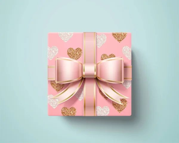ピンクのリボンの弓と心のバレンタイン ギフト ボックス形パターン トップ画角 イラストの包装紙 — ストックベクタ