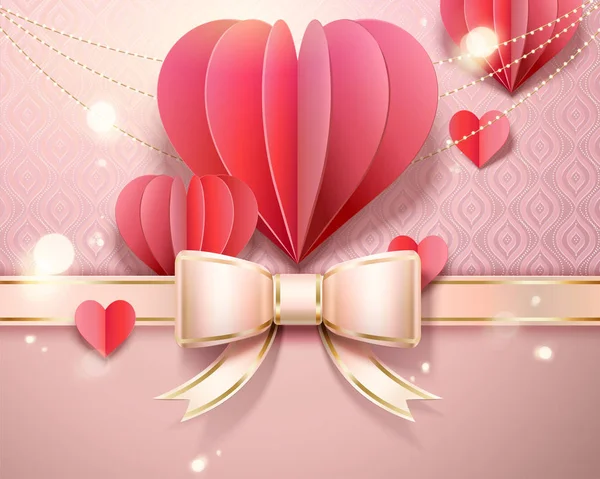 情人节卡片模板与纸心脏形状装饰 丝带弓在3D — 图库矢量图片