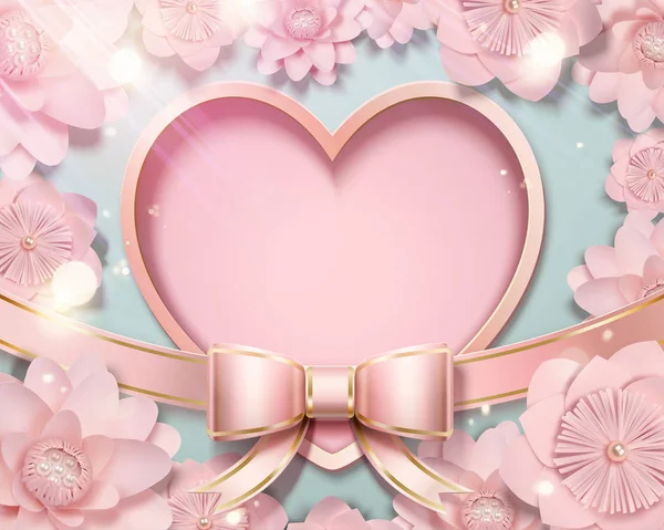 Valentinstag Kartenvorlage Mit Papier Herzform Und Blumen Schleifenschleife Illustration — Stockvektor