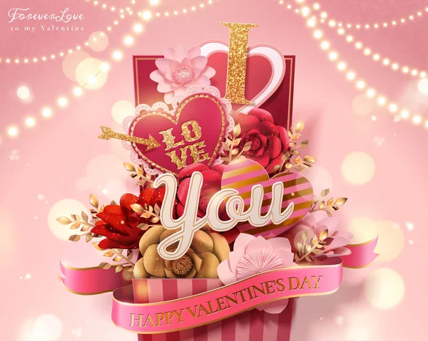 Happy Valentijnsdag Geschenkdoos Vol Papier Bloemen Hart Vormige Decoraties Bokeh — Stockvector