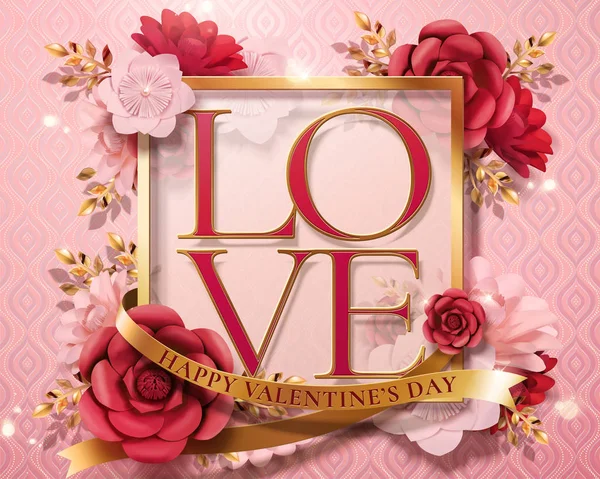 Happy Valentine Day Kaartsjabloon Met Papieren Bloemen Gouden Frame Illustratie — Stockvector