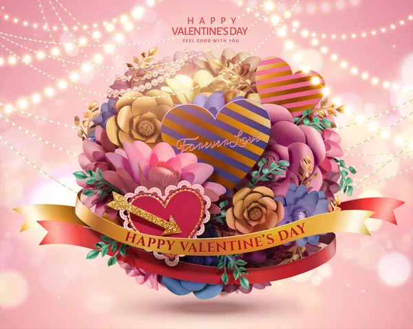 Happy Valentijnsdag Kaartsjabloon Met Papieren Bloemen Hart Vormige Decoraties Illustratie — Stockvector